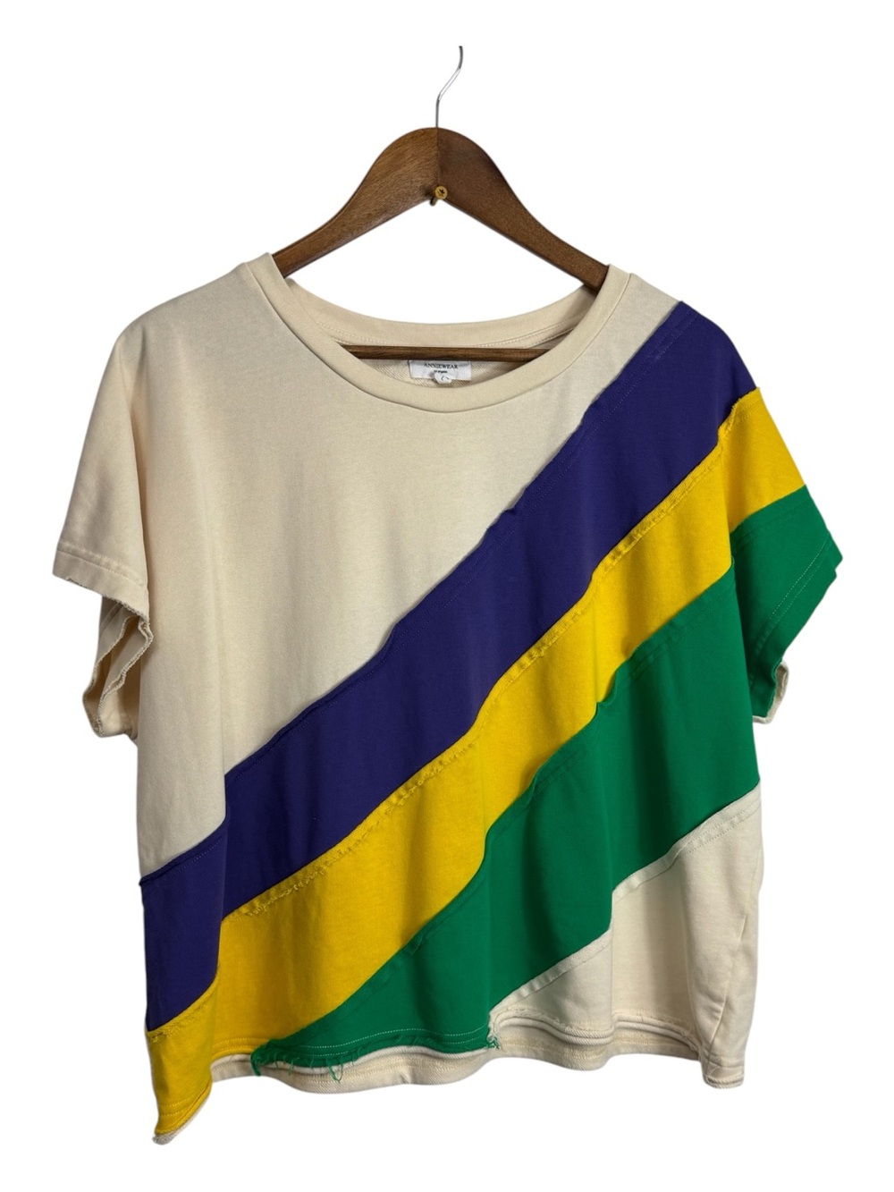 Anniewear Cream Short Sleeve Tee with Purple, Yellow & Green Stripes Mardi Gras